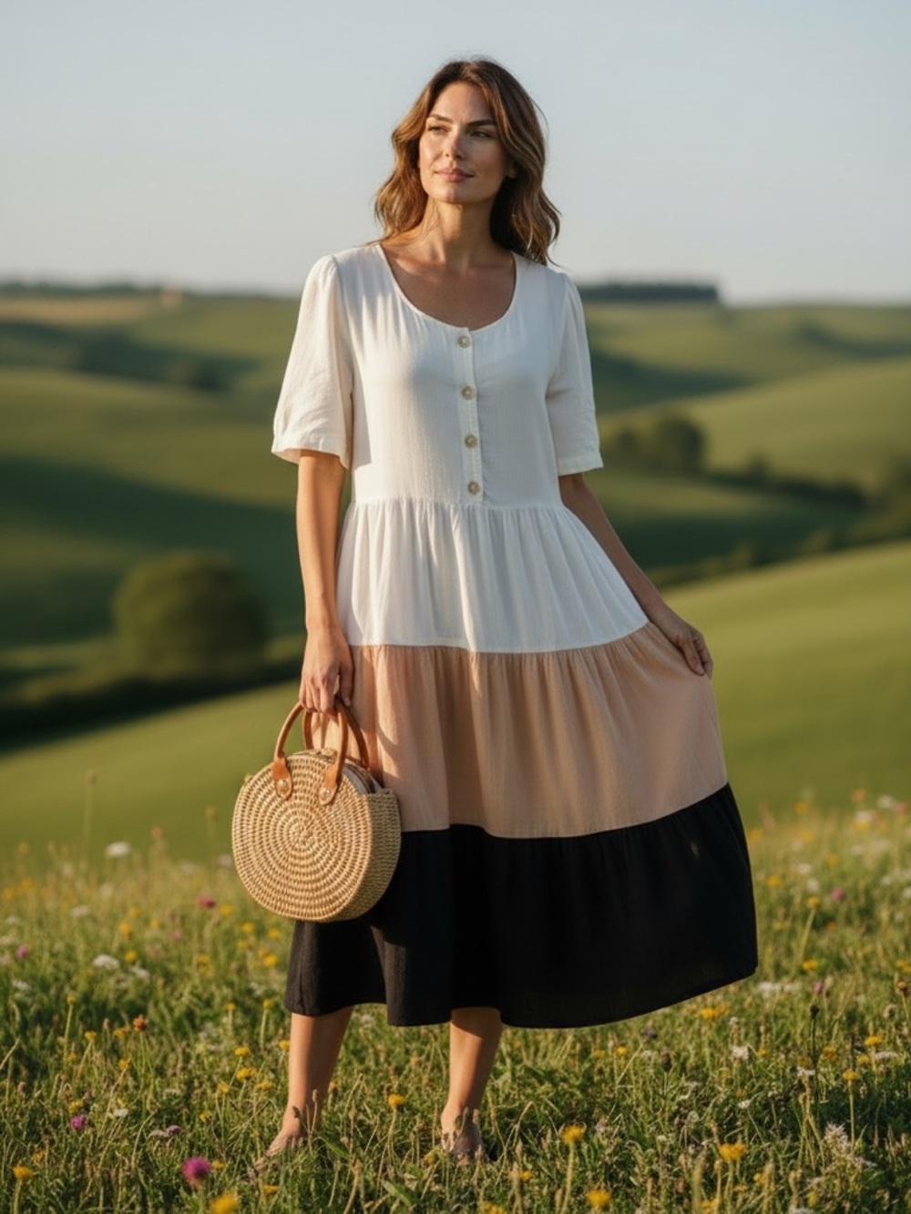 TWO POTATO VINTAGE NEUTRAL TIERED MAXI DRESS BOHO PEASANT COTTON COTTAGECORE